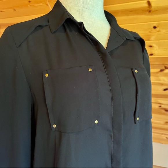 H&M Women's Sheer Long Sleeve Button Up Dress Shirt Gold Stud Hardware Size 2 - Picture 2 of 7